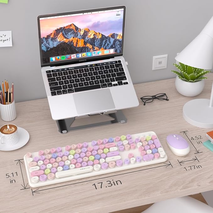 UBOTIE Colorful Wireless Keyboard and Mouse Combos, Retro Typewriter Floating Flexible Full-Sized Keys Computer Keyboard with Optical Mouse, 2.4GHz USB-A Connection for Windows Mac (White-Colorful)