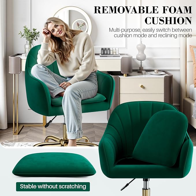 Vanity Chair with Wheels, Comfy Home Office Desk Chairs Adjustable Modern Velvet Makeup Vanity Chairs for Bedroom Living Room-Green