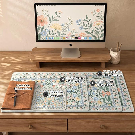iCasso Green Aesthetic Flower Mouse pad for Laptop, Desk Pad Mat, Desk Matt for Desktop 13.7"x23.6", Anti-Slip Mousepad with Stitched Edges for Laptop Computer Keyboard(Green Floral)