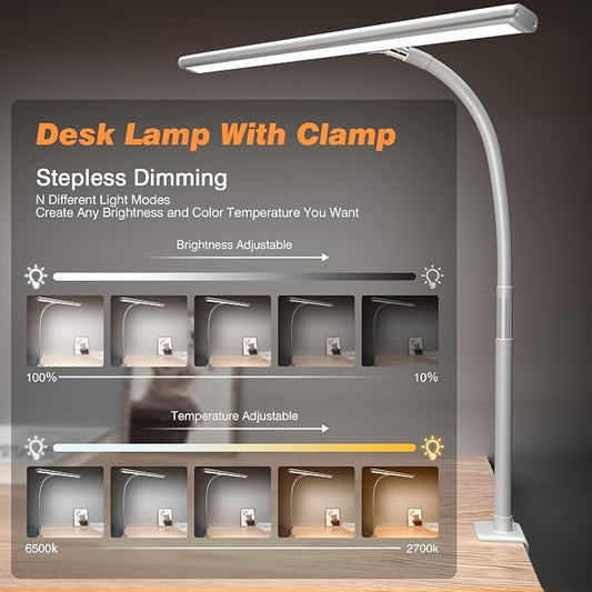 Airlonv LED Desk Lamp for Office Home, Eye-Caring Desk Light with Stepless Dimming Adjustable Flexible Gooseneck, 10W USB Adapter Desk Lamp with Clamp for Reading, Study, Workbench (White)