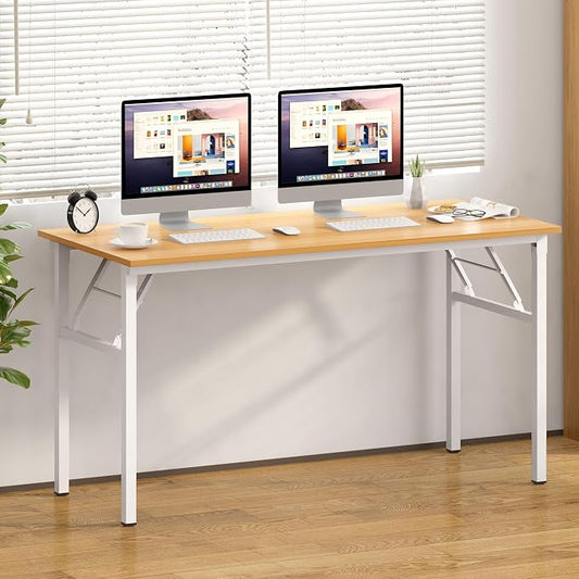 Need Home Office Desk Large Computer Desk 60 inch Sturdy Table Foldable Desk Gaming Computer Table No Assembly Required, Teak&White Frame AC5BW(152.4 * 60)