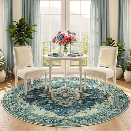 RELEANY Area Rugs Round 6ft Washable Non-Slip, Floral Vintage Distress Medallion Carpet for Living Room Bedroom Dining Room, Dark Blue Vintage