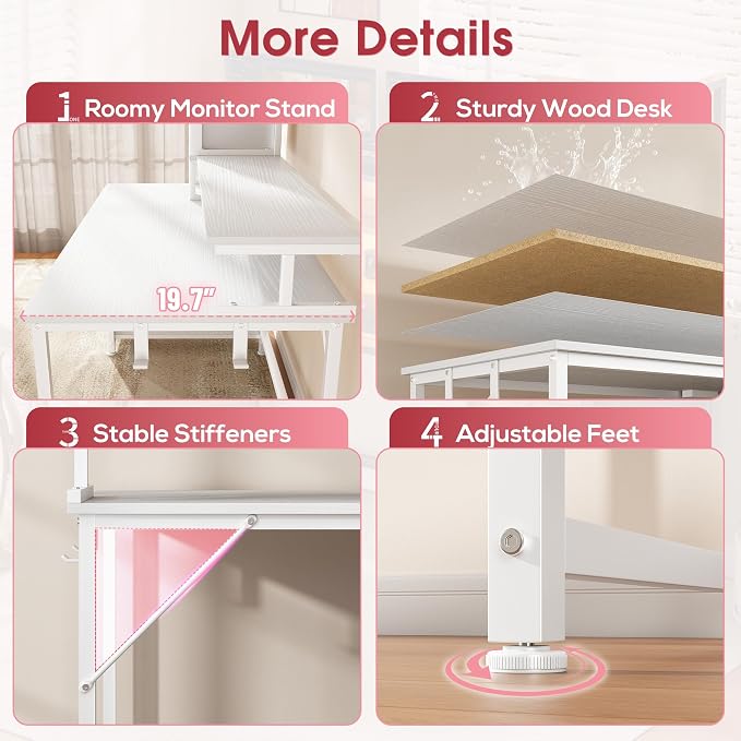 DurayLoly 47" White Computer Desk with 2 Acrylic Cabinet & 3 Fabric Drawers | Integrates Ample Storage & Display, Great Fit for Small Spaces, Outlets Suitable for Studying, Working & Gaming Equipments