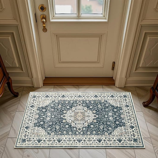 Goideal Washable Rug 2x3, Vintage Area Rugs Non Slip, Indoor Low Pile Carpet with Rubber Backing for Kitchen Bathroom Entryway Office Bedroom,Black & White
