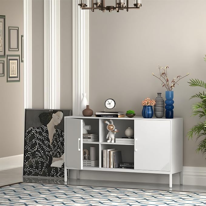 STEEHOOM TV Stand with Door and Adjustable Shelves, Buffet Sideboard Cabinet, Coffee Bar Metal Locker Pantry with 2 Shelves for Office, Home, Kitchen, Living Room (White, 47.24"D x 13.78"W x 29.53"H)
