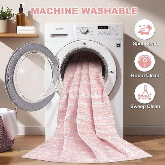 Nakagishi Pink Rugs for Bedroom Girls: 5x8 Washable Boho Large Neutral Area Rug Cute Soft Modern Indoor Floor Non Slip Accent Carpet for Living Room Nursery Kids Playroom Dorm Preppy Baby Room Decor