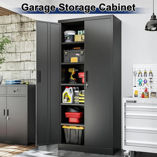 BESFUR Metal Storage Cabinet with 2 Doors and 5 Adjustable Shelves Garage Storage Cabinet with Lock 71" Office Storage Cabinets Locking Cabinets for Garage Office Shop Home (Black)
