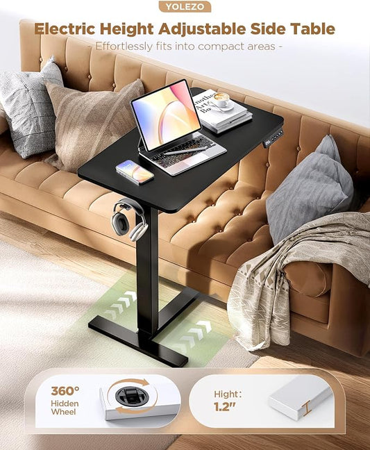 Overbed Bedside Table with Wheels, Electric Standing Desk Adjustable Height, Small Computer Desk for Home Office, Rolling Laptop Desk for Bed, Sofa, or Hospital Use (28"x16",Black)