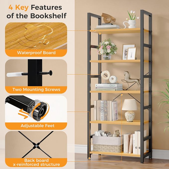 DUMOS 5-Tier Bookshelf, Modern Tall Bookcase, Open Storage Display Shelf for Living Room, Bedroom, Home Office, Narrow Standing Shelving Unit for Books, CDs, Décor,Wood