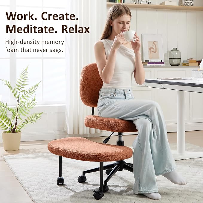 Criss Cross Chair Armless Office Chair for Cross Legged Sitting, 300lb Heavy Duty Ergonomic Desk Chair for ADHD, Adjustable Meditation Yoga Kneeling Chair with Brake Wheels for Home Office (Brown)