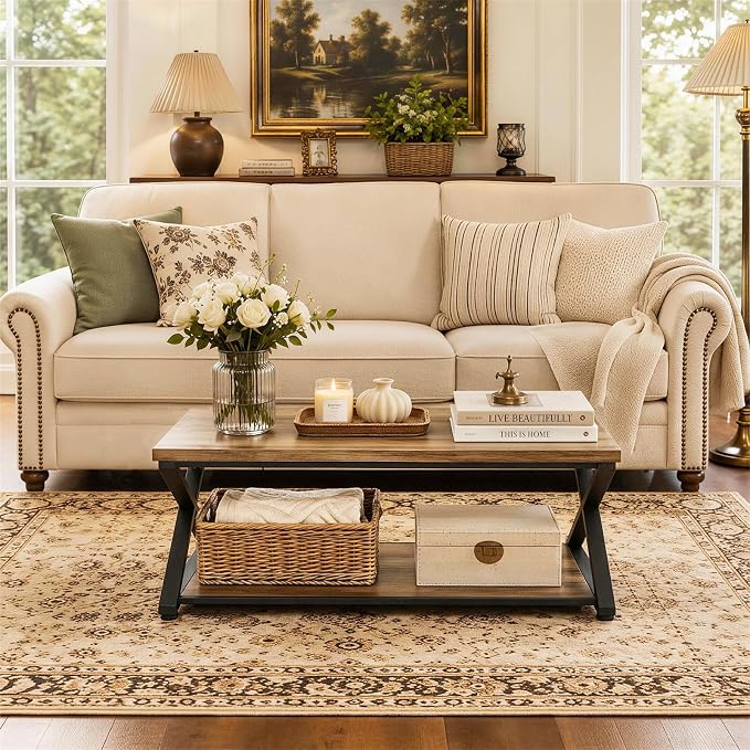 Coffee Table with Storage, 2 Tier Farmhouse Center Table, Rectangle Cocktail Tea Table for Living Room Bedroom, Rustic Brown,39Inch