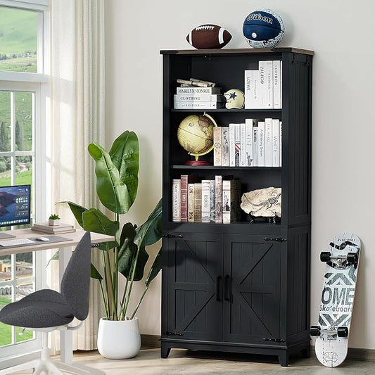Joaxswe 70in Tall Bookshelf 5 Tier Bookcase with Barn Doors and Adjustable Shelves, Black Farmhouse Book Shelf with Storage Cabinet, Wood Freestanding Display Bookshelves for Bedroom, Kitchen (3PCS)
