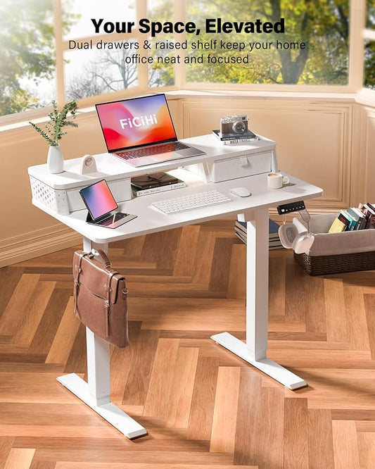 FiCiHi 40x24 Inch Standing Desk with Drawers, C-Clamp Mount Compatible, Electric Adjustable Height Computer Small Stand Up Desks, Home Office Sit Stand Table with 3 Preset Heights, White