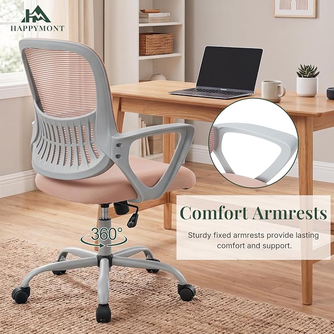 Home Office Desk Chair, Ergonomic Mid-Back Mesh Computer Task Chair with Comfortable Lumbar Support, Height Adjustable Swivel with Fixed Armrest for Adults, Student, Pink