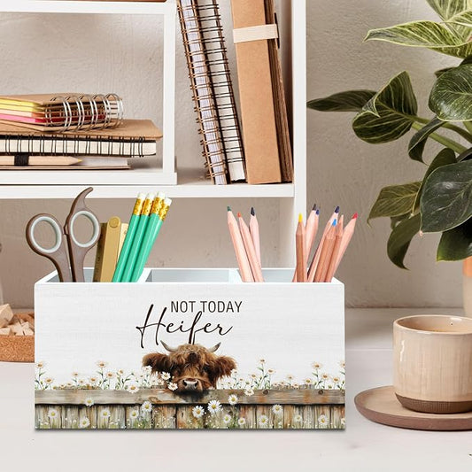DILSJ Highland Cow Decor Pen Pencil Holder Organizer for Desk, Highland Cow Gifts for Women, Not Today Heifer Wooden Box Signs for Home Office Desk Tabletop Decoration