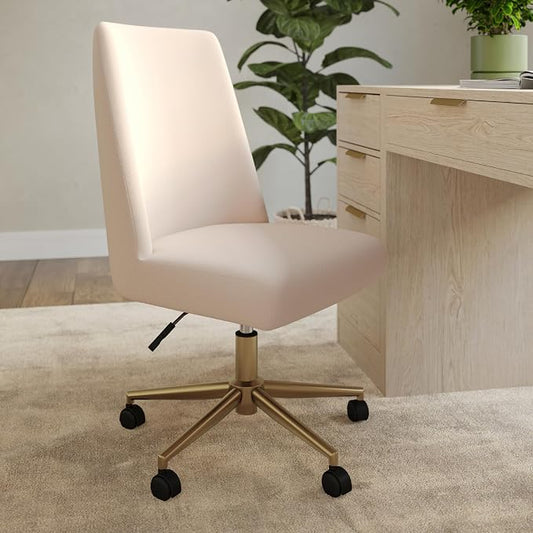 Martha Stewart Maeve Swivel Task Chair with Height Adjustable Seat for Home Office in Conch Shell Fabric with Polished Brass Frame