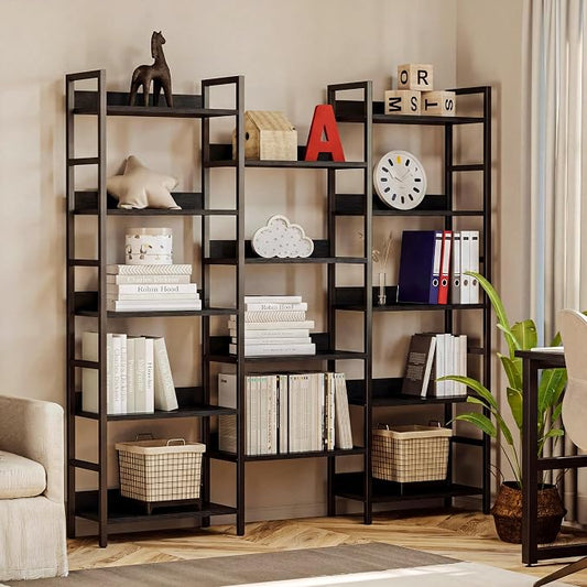 IRONCK Bookshelf, Bookshelves and Bookcases, 5 Tiers Bookshelf with Baffles, Large Book Shelf with Metal Shelving, Triple Wide Shelves for Living Room, Home Office