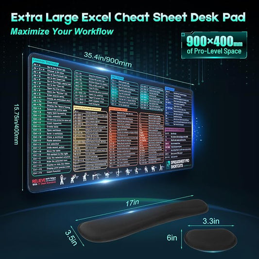 Excel Cheat Sheet Mouse Pad Set, 3-Piece XXL Excel Shortcut Desk Mat with Keyboard Wrist Rest & Mouse Wrist Rest, Non-Slip Spreadsheet Reference Pad for Office, Accountants, Students, Carbon Black