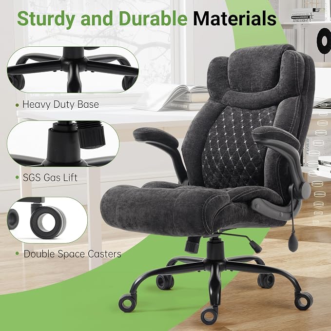 Office Chair, Big and Tall Executive Chairs with Lumbar Support for Back Pain,Breathable Desk Computer Chair with Adjustable Flip-up Armrests,Wide Cushion Swivel Home Office Chair Fabric black