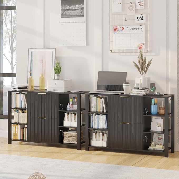 Filing Cabinet for Home Office, Fluted Wood File Cabinet with 2 Drawers Fit Letter/Legal/A4 Folders with Tabs, 43.3" W Printer Stand with Lock & 2 Power Outlets, 6 Storage Shelves (1, Black)