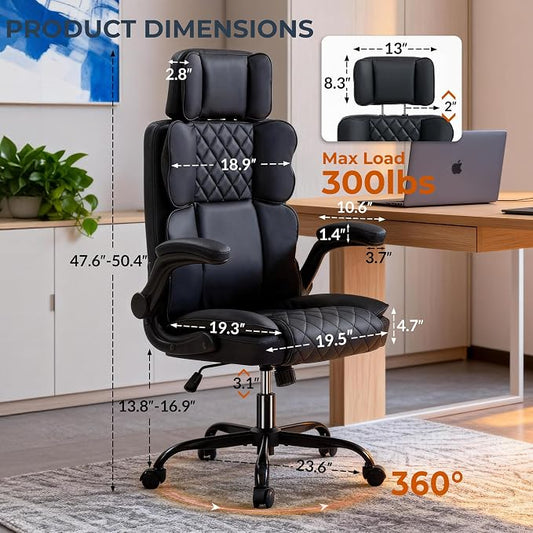 Office Chair with Adjustable Headrest - Executive Leather Desk Chair for Home Office, with Flip-Up Arms & Ergonomic Lumbar Support, Perfect for Work and Study, Black