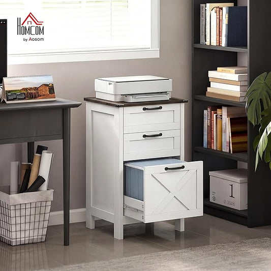 HOMCOM 3 Drawer File Cabinet with Silent Slides, Vertical Filing Cabinet for Hanging A4/Letter Size, Rustic Farmhouse Printer Stand with Storage for Home Office, Distressed White