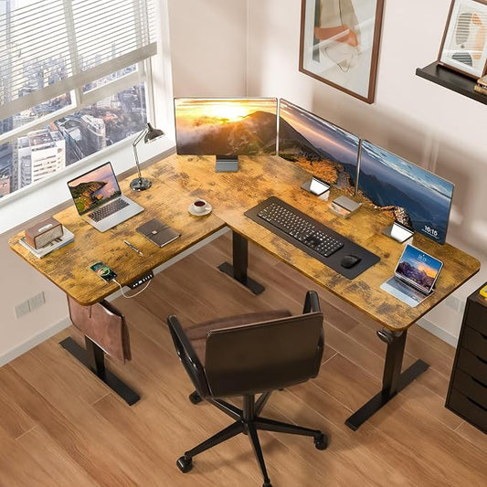63 x 55 inch L-Shaped Standing Desk, Corner Computer Desk, Electric Standing Desk Adjustable Height, Sit to Stand Ergonomic Workstation for Home Office, Rustic Brown