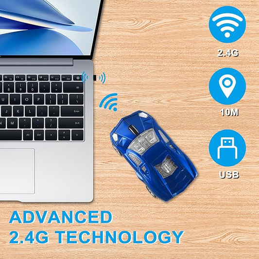 CHUYI Cool Sports Car Shaped Wireless Mouse 1600DPI Cordless Optical Mice with USB Receiver for Office School Home Travel, for PC Laptop Computer Gift (Blue-1 Pack)