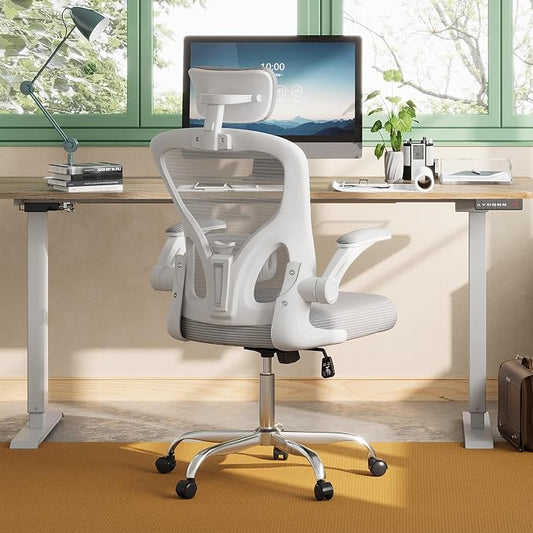 DEVAISE Office Chair, High Back Mesh Ergonomic Desk Chair with Flip-up Armrests, Adjustable Headrest and Lumbar Support, White