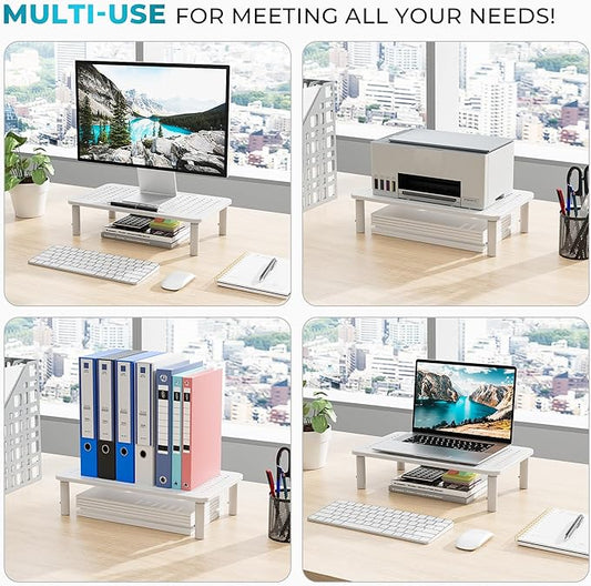 BONTEC Monitor Stand for Desk 2 Pack, 3-Level Height Adjustable Metal Monitor Riser, Ergonomic Computer Stand with Pen Holder & Cable Management for Printer, Laptop, Office Workstation, White