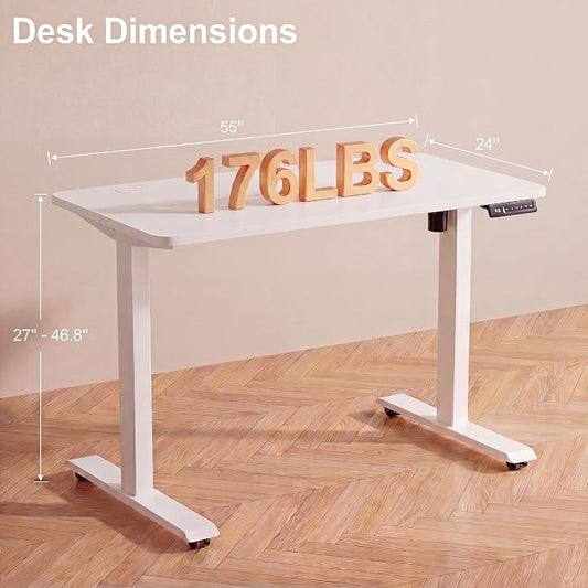 Electric Standing Desk 55 x 24 Inches Adjustable Height Sit Stand Up Desk for Home Office Computer Workstation Memory Preset with Wheels, White