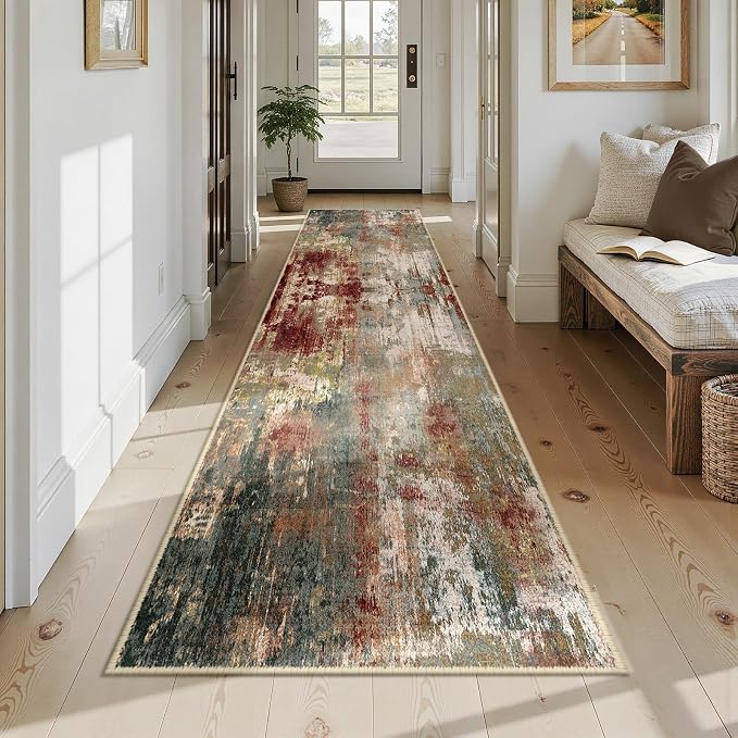 RELEANY Washable Area Rugs 2'6"x14 Non-Slip Modern Abstract Soft for Living Room Entryway Bedroom Kitchen, Print Pattern, Brown Rust Red Green Blue Multi