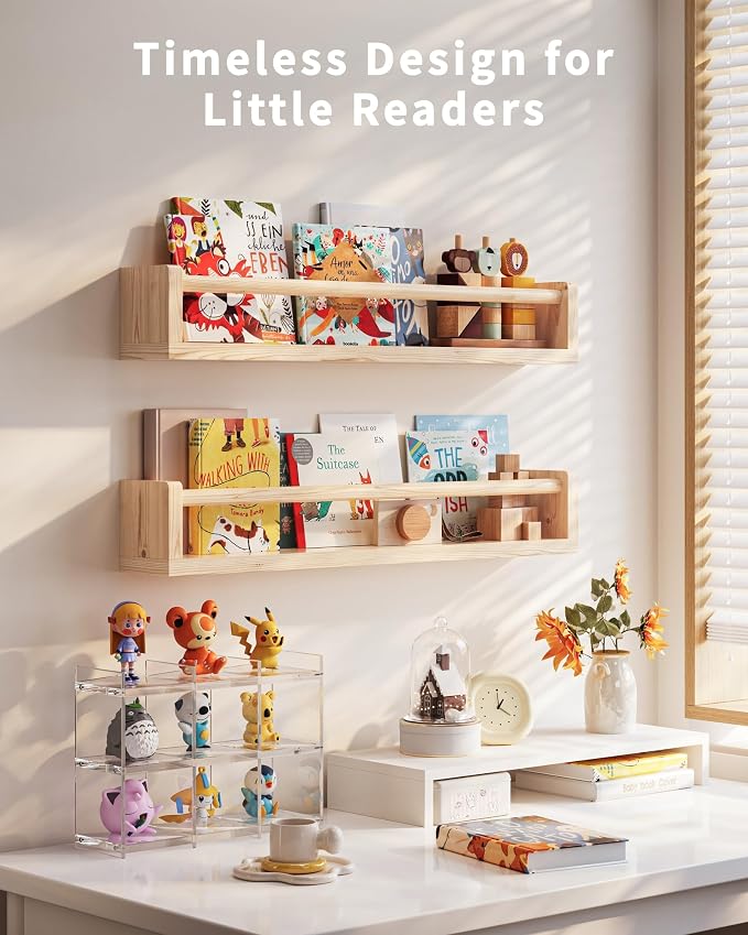 Seocry Nursery Book Shelves, 4 Pack, Wall Book Shelves for Kids Room, Baby, Toddler, Nursery Decor (Wood, 23 Inches)