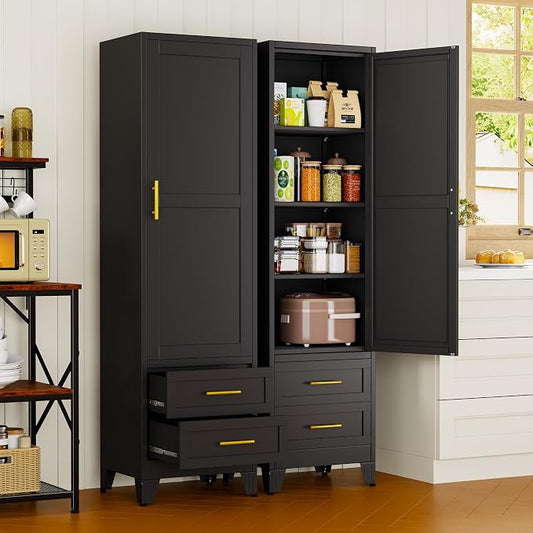 67" Tall Narrow Metal Storage Cabinet, Freestanding Pantry Organizer, Black | Slim Bathroom Cabinets with 2 Drawers & 3 Adjustable Shelves, Multi-Use Cupboard for Kitchen Office Living& Dining Room