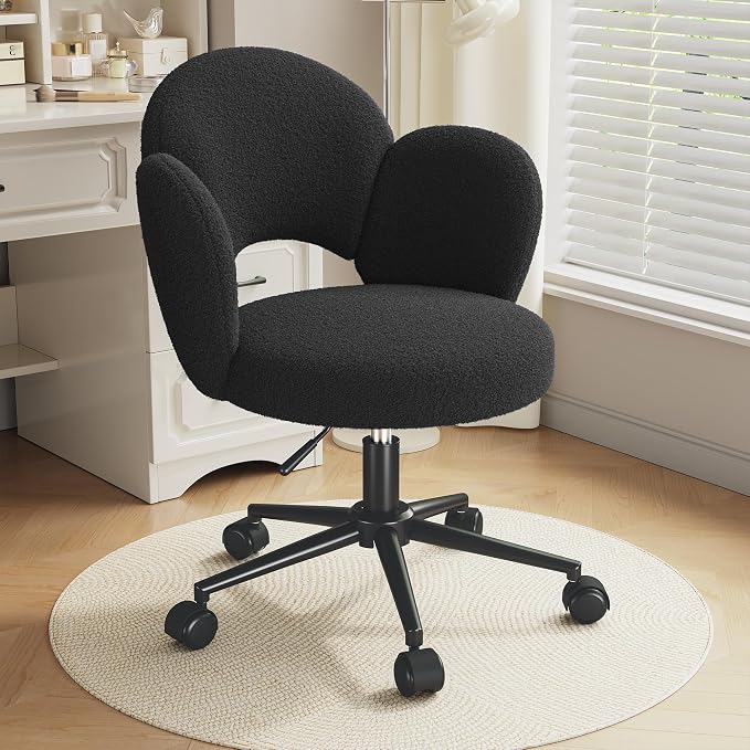 Homkdom Desk Chair with Wheels, 3.94" Thick Comfy Petal Vanity Chair, Swivel Armless Chair with Open Back and Adjustable Height, Ideal for Makeup Study Work and Relaxation, Black