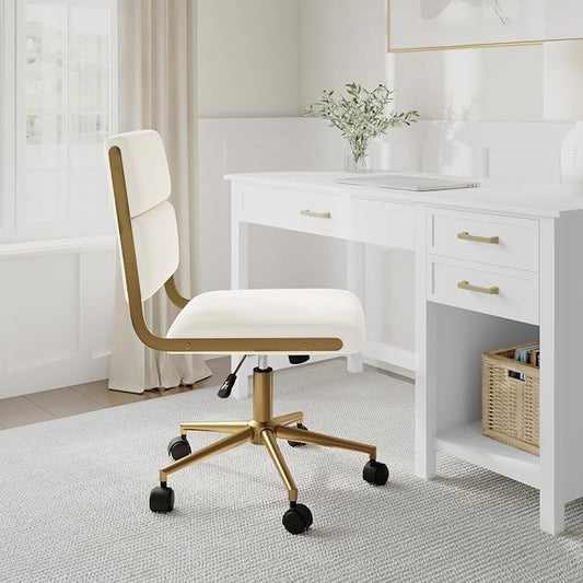 Martha Stewart Lulu Swivel Task Chair with Height Adjustable Seat for Home Office in Off White Faux Leather with Polished Brass Frame