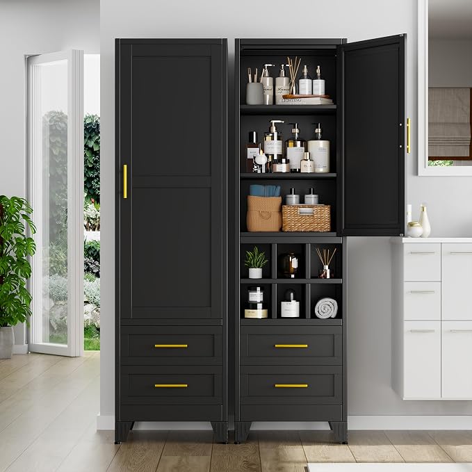 67" Tall Narrow Metal Storage Cabinet, Freestanding Pantry Organizer, Black | Slim Bathroom Cabinets with 2 Drawers & 3 Adjustable Shelves, Multi-Use Cupboard for Kitchen Office Living& Dining Room