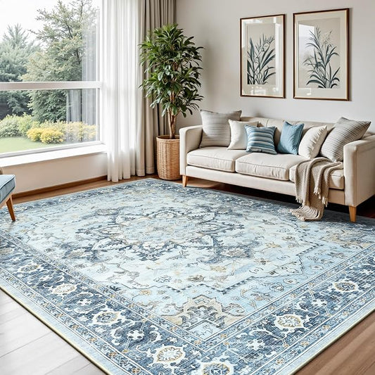 Lofus 6x9 Area Rugs for Living Room, Machine Washable Non-Slip Area Rug, Low Pile Large Rugs for Bedroom, Kitchen, Dining Room, Home Office, Vintage Oriental Print Rug, Blue Gold