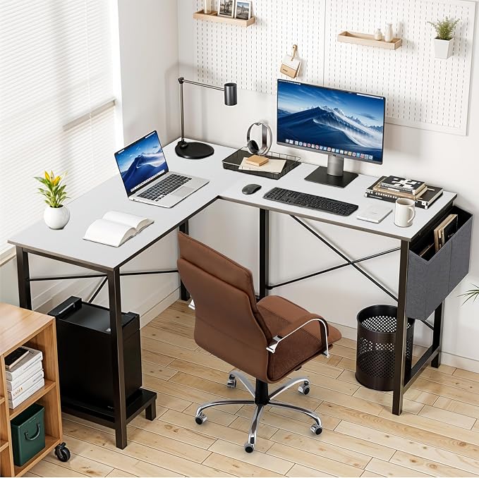 L Shaped Desk Gaming Computer 50 Inch Corner Desks Work Table for Writing Study Student with Wood Tabletop Metal Frame CPU Stand Side Bag for Home Office Small Place, White