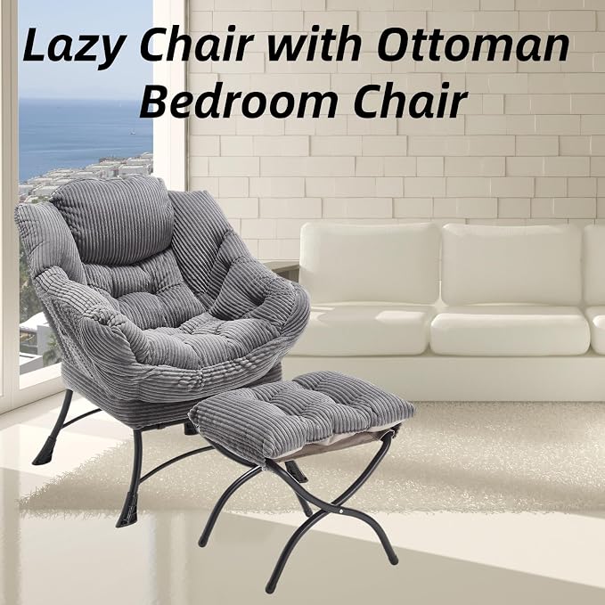 Modern Lazy Chair with Ergonomic Ottoman, Comfortable Lounge Chair with Footrest for Space Saving, Comfy Reading Armchair for Living Room, Bedroom, Office, Grey