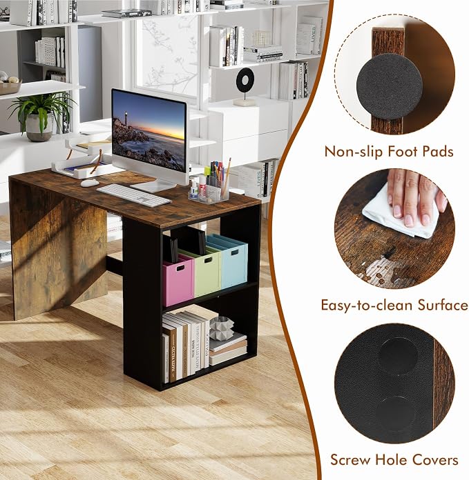 Tangkula Computer Desk, 44" Home Office Desk with 2-Tier Bookshelf, Study Writing Desk, Wooden Laptop Desk for Small Space, PC Workstation for Bedroom & Living Room (Rustic Brown & Black)