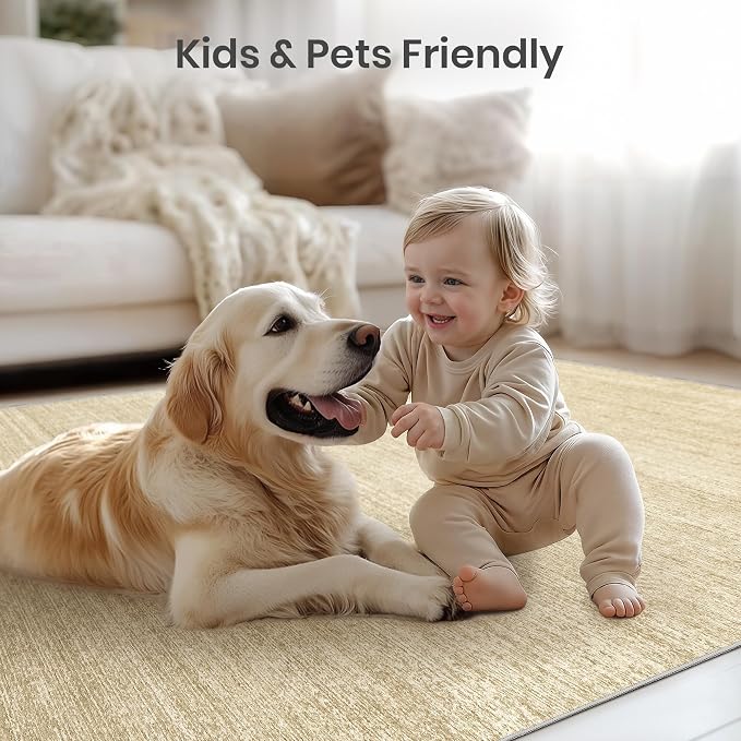 Valenrug Washable Rug 5x7 - Stain Resistant 5x7 Area Rugs for Living Room, Non Slip Backing Printed Rugs for Bedroom, Folable Machine Washable Area Rug (5'x7', Tan)