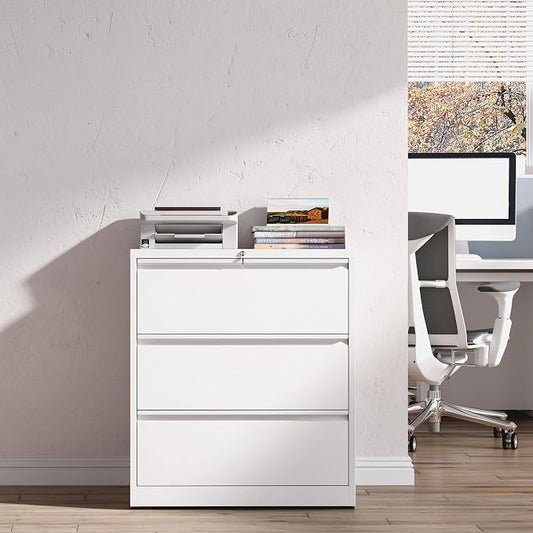 3 Drawer File Cabinet with Lock, White Metal Lateral Filing Cabinets for Home Office, Heavy Duty Steel Horizontal Locking Storage Cabinet for Legal/Letter/A4 Size File, Assembly Required
