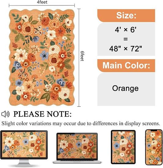 DUKINO 4x6 Area Rug, Floral Non-Slip Indoor Washable Rug with Low Pile & Non-Shedding, Lightwight Boho Design Carpet for Entryway, Bedroom, Kids Room, Living Room, Kitchen, Orange