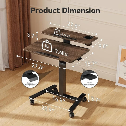 28 inch Mobile Standing Desk On Wheels, Small Computer Workstation Adjustable Height,Rolling Laptop Stand with Tiltable Desktop, 2-Tier Portable Study Table with Storage Shelf, Walnut