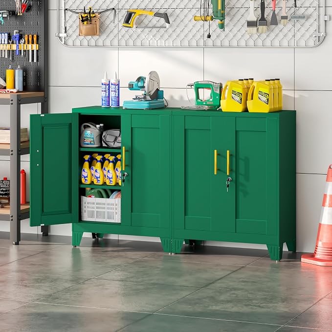winiowa Tall Metal Storage Cabinet with Lock, Locking File Cabinet with 2 Doors and 2 Adjustable Shelves, Green Lockable Organizer for Home Office Garage(27.6" W)