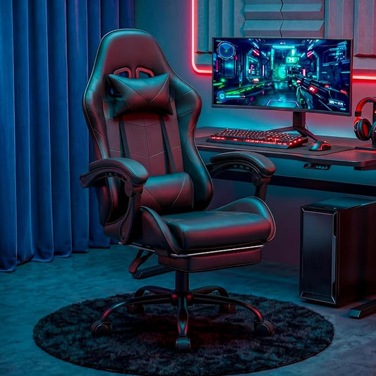 Gaming Chair, Ergonomic Computer Chair with Footrest and Lumbar Support, Height Adjustable Office Chair with 360° Swivel Seat and Headrest (Black)