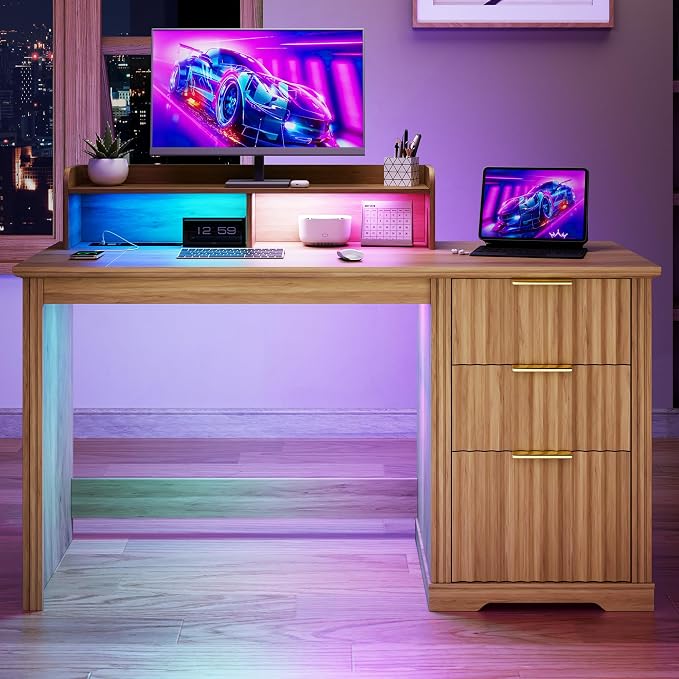 Lareth Computer Desk with Monitor Stand, 47 inch Home Office Desk with RGB LED Lights and Power Outlets, Writing Desk with Storage File Drawer for Working Gaming Writing, Wood
