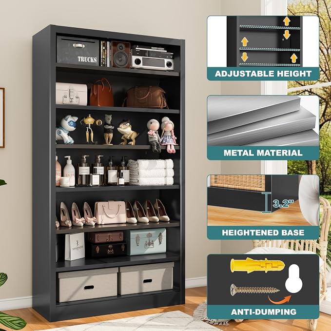 Bookcase,7 Tier Bookshelf,55" Tall Free Standing Metal Bookcase with Adjustable Storage Shelves,Wide Bookshelf for Bedroom Living Room Home Office School (Black, 7 Tier 55"H x 27.5"W x 11.8"D)