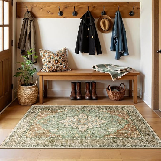 RELEANY Area Rugs 3'x5' Washable Non-Slip, Floral Vintage Distress Medallion Carpet for Living Room Bedroom Dining Room, Terracotta Burnt Orange Green